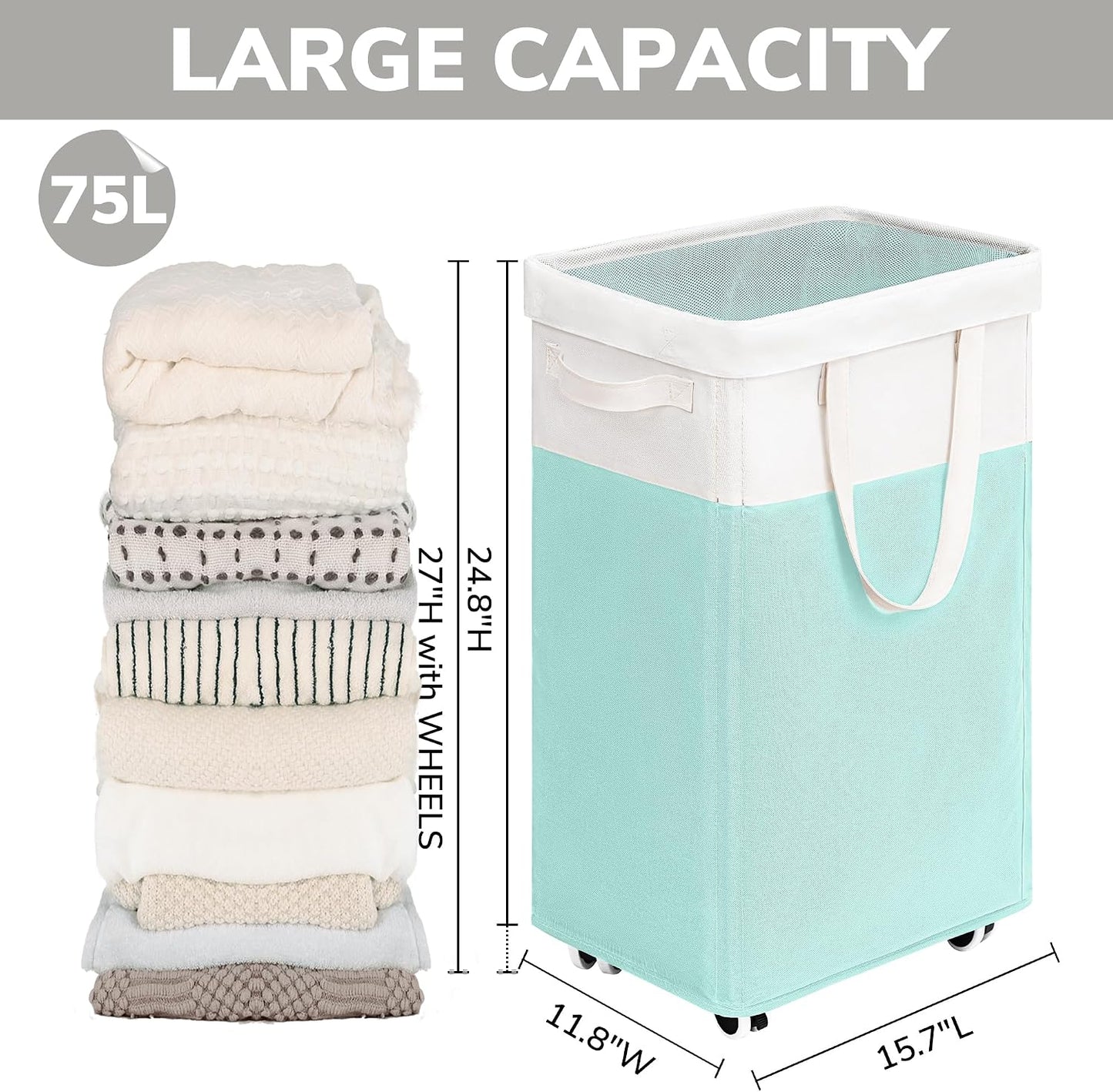 Goodpick 75L Laundry Basket with Wheels & Removable Wash Bag for Dorm | Rolling Laundry Basket with Handles for Dirty Clothes, Fodable Hamper for Laundry Room, Dorm Room Essentials, Grey