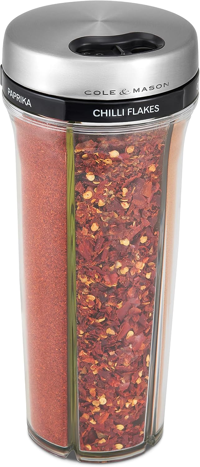 Cole & Mason Saunderton Spice Storage & Shaker - Herb Keeper for Refrigerator, Countertop or Cabinet - Divided Food Storage Container - Spice Shaker with Lid - Clear/Silver