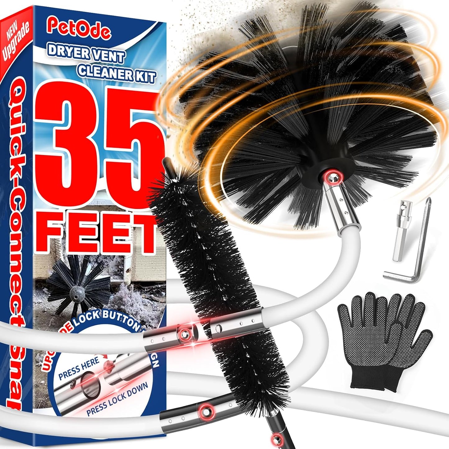 PetOde 32 Feet Dryer Vent Cleaner Kit, Flexible Lint Remover | Upgraded Quick-Snap Brush with Drill Attachment for Easy to Use, Deep Clean, Lint Removal, Easy DIY Assembly, Home Essential