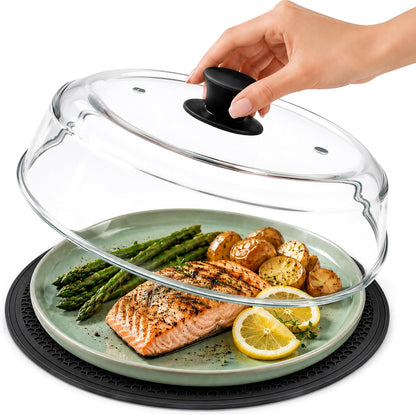 10" Glass Microwave Splatter Cover with Silicone Mat | 100% Metal-Free, Ceramic Screw, Heavy-Duty Borosilicate Glass, Anti-Scald Handle, BPA-Free, Dishwasher Safe
