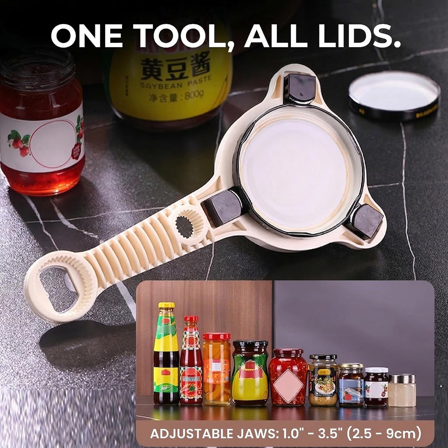 Multifunctional Jar Opener for Seniors with Arthritis - 4-in-1 Adjustable Bottle Opener for Weak Hands, Universal Lid Gripper Fits 1.0"-3.5" Jars, Manual Kitchen Gadget for Effortless Opening