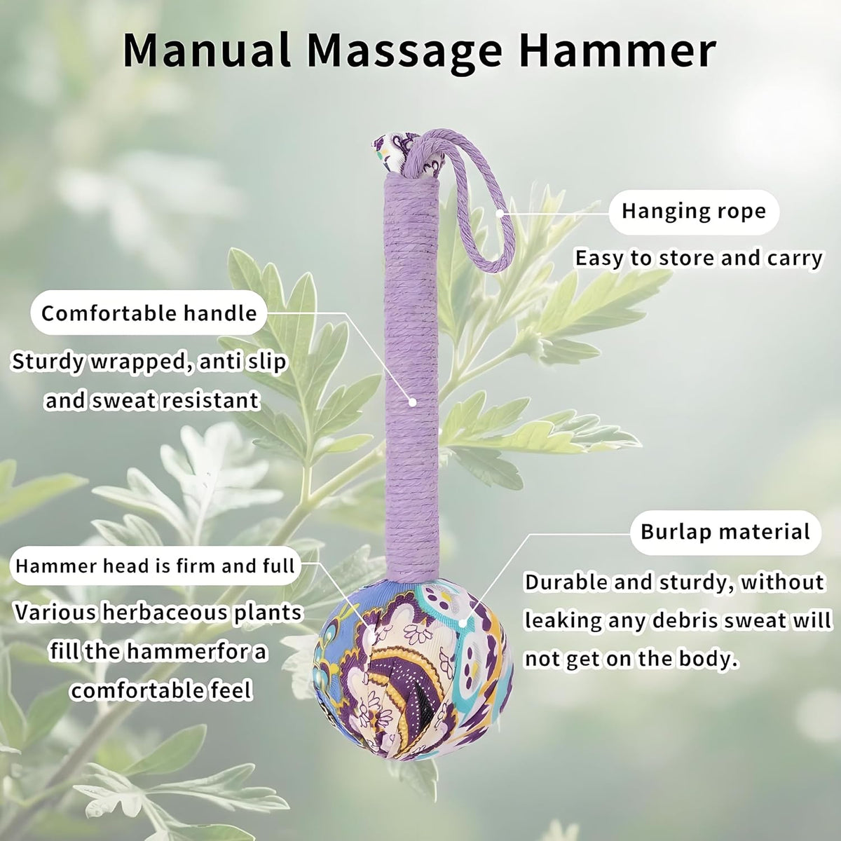 Wormwood Mugwort Massage Hammer 26cm, Manual Lymphatic Drainage Tool, Handheld Percussion Massager for Full Body Muscle Tension Relief (1, Pink)