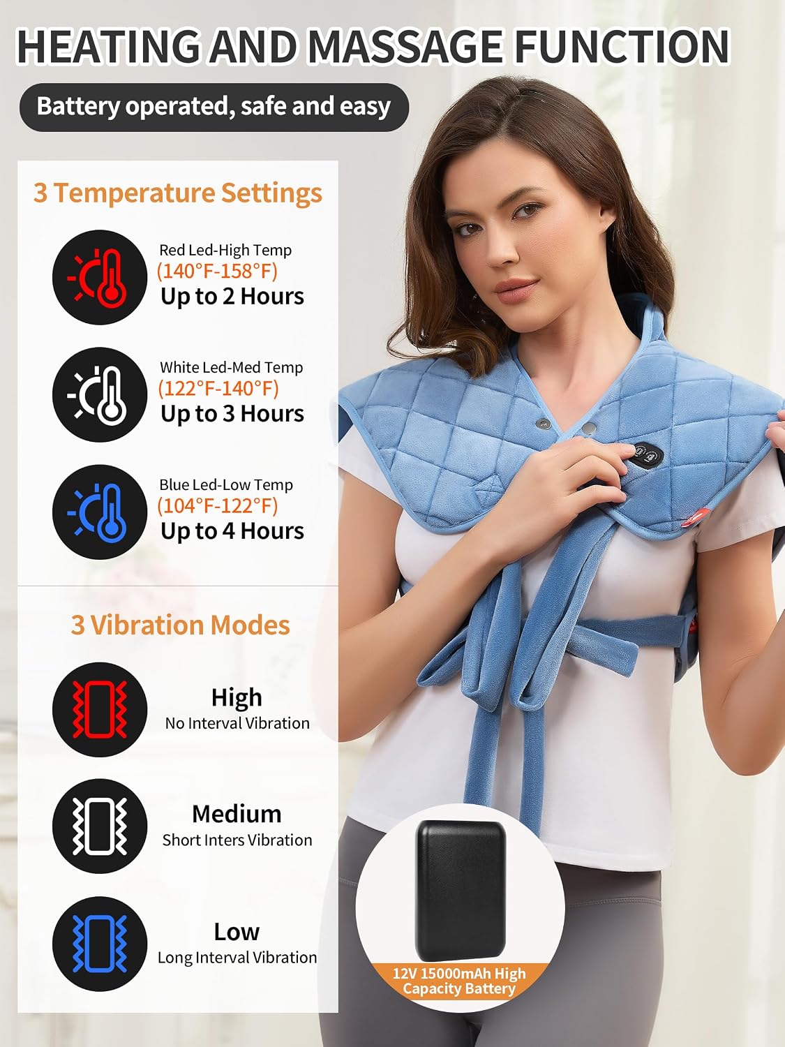 Vofuoti Portable Cordless Heating Pad for Neck and Shoulders with Massager | 12V 15000mAh Battery and 3 Heat Settings, Weighted Electric Rechargeable Heated Neck Shoulder Wrap, 2.6lbs, Gift for Family