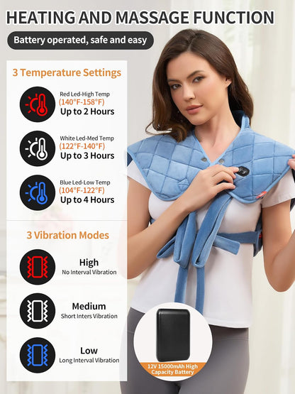 Vofuoti Portable Cordless Heating Pad for Neck and Shoulders with Massager | 12V 15000mAh Battery and 3 Heat Settings, Weighted Electric Rechargeable Heated Neck Shoulder Wrap, 2.6lbs, Gift for Family