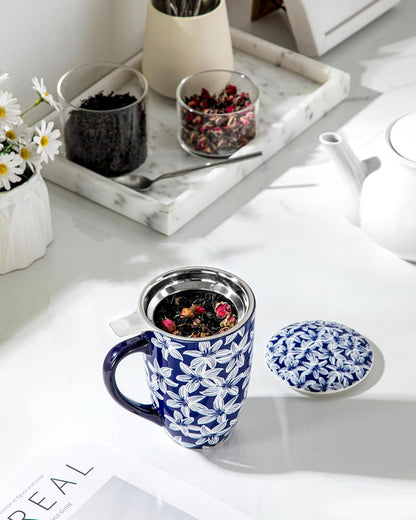 vancasso SELENE Porcelain Tea Mug, 18 oz Porcelain Tea Cup with Infuser and Lid Steeps Loose Leaf Tea, Microwave & Dishwasher Safe, Five-Leaf Clover