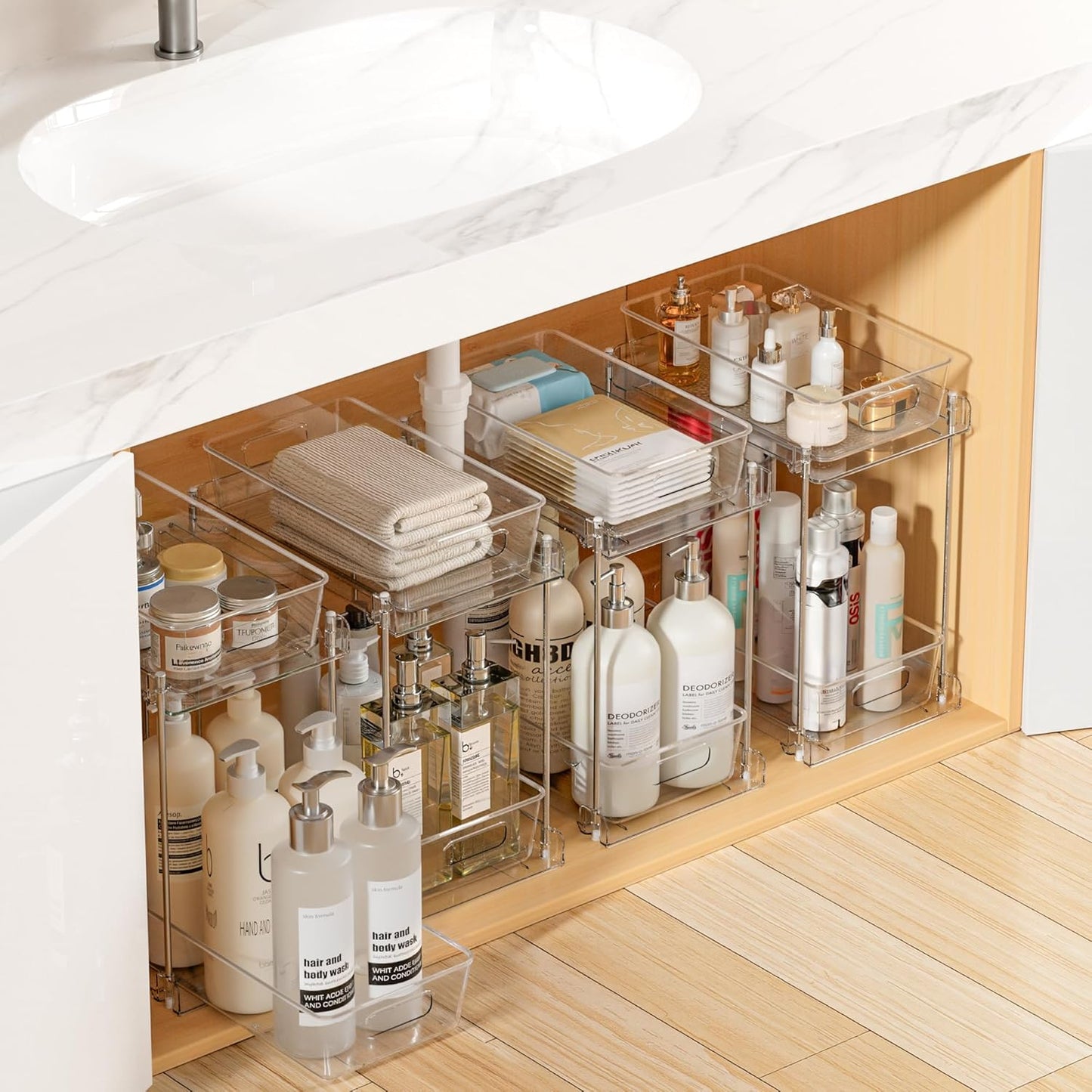 Vtopmart 2 Pack Pull Out Bathroom Under Sink Organizer (S-Standard) | Slide-out drawers, Multi-purpose storage, Clear visibility, Easy Set-up