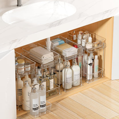 Vtopmart 2 Pack Pull Out Bathroom Under Sink Organizer (S-Standard) | Slide-out drawers, Multi-purpose storage, Clear visibility, Easy Set-up