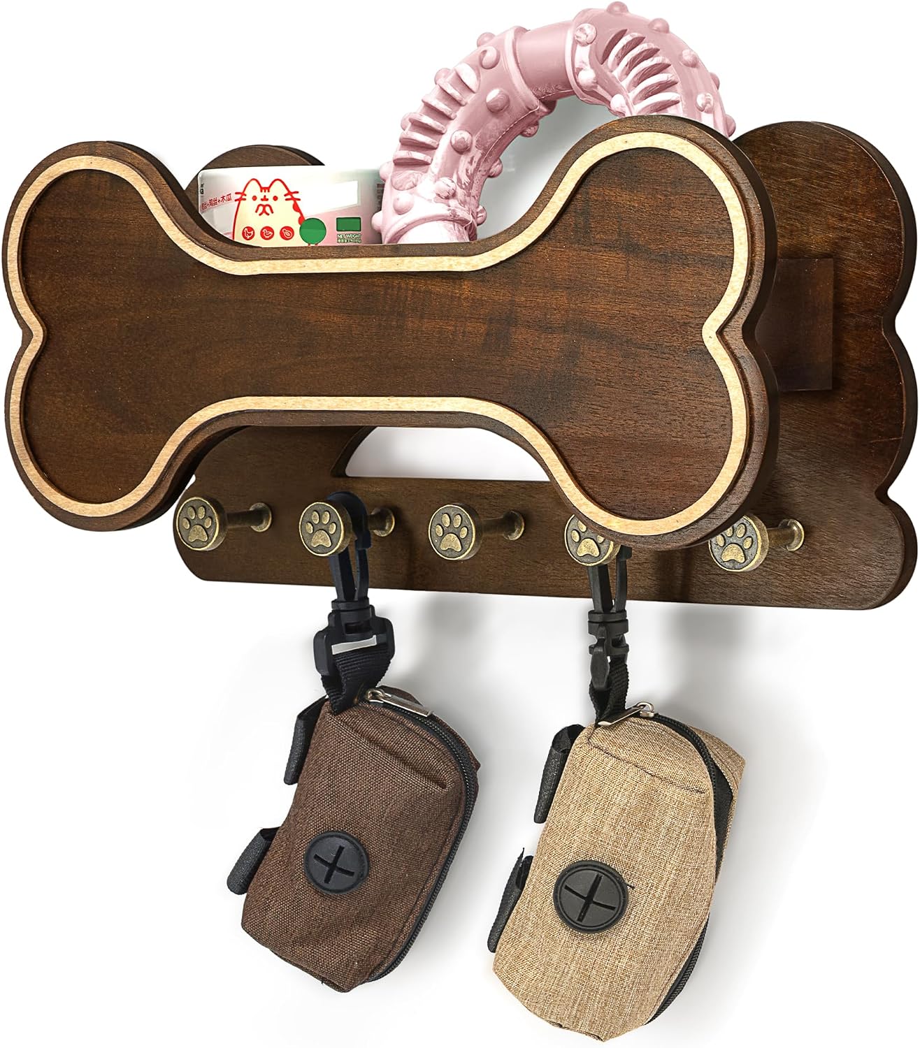 MTERSN Dog Leash Holder for Wall with Key Hooks for Dog Gear Storage, Brown | 3D Puppy Paw Hooks, Doggie Bone Shape, Key Rack with 5 Hooks, Wall Shelf for Treats & Dog Food, Ideal for Wall Decor