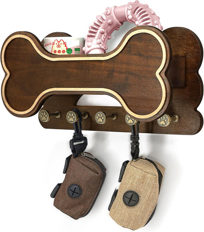 MTERSN Dog Leash Holder for Wall with Key Hooks for Dog Gear Storage, Brown | 3D Puppy Paw Hooks, Doggie Bone Shape, Key Rack with 5 Hooks, Wall Shelf for Treats & Dog Food, Ideal for Wall Decor