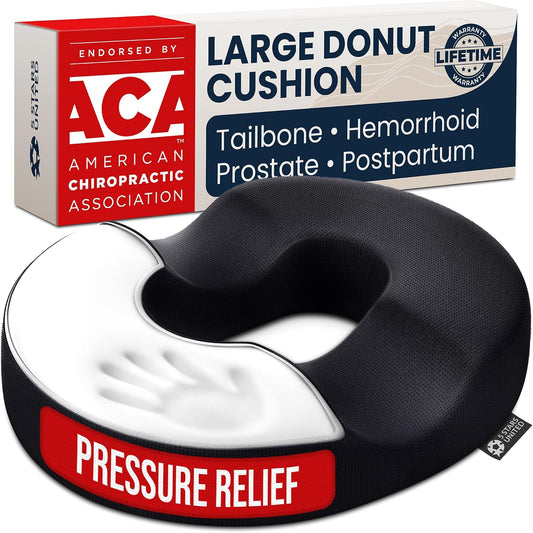 5 STARS UNITED Donut Pillow for Tailbone Pain & Hemorrhoids – Large Memory Foam Floor Cushion for Pressure Relief – Prostate, Postpartum & Pregnancy Support, Black Mesh Cover
