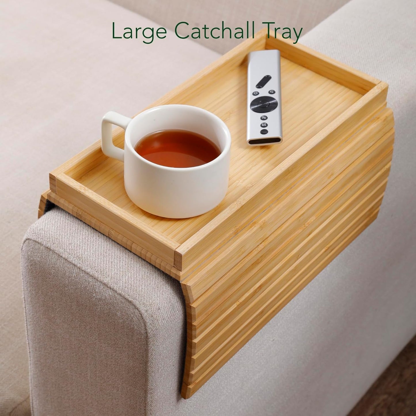 DETOR Couch Arm Tray with Spacious 12.4" x 5.4" Storage Box, Walnut Bamboo Finish, Enhanced Non-Slip Felt Bottom, Sturdy Bamboo Slats, Fits Armrests 6" and Wider