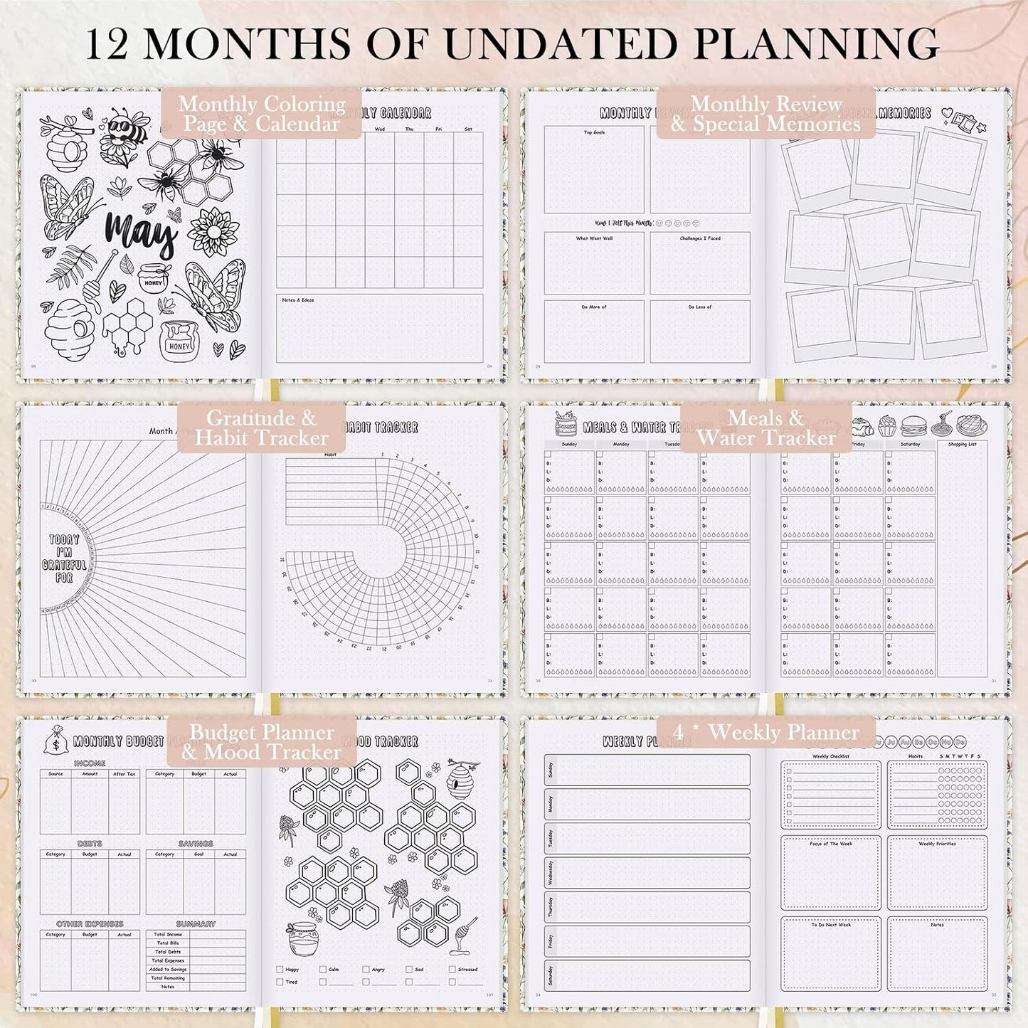 Everloria Premade Dotted Journal Notebook, 12 Months Pre-made Bullet Templates, 260 Hand-Drawn Coloring Pages, Undated Weekly & Monthly Planner, 7.8"x9.3" Leather Dot Grid Habit Mood Tracker
