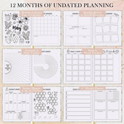 Everloria Premade Dotted Journal Notebook, 12 Months Pre-made Bullet Templates, 260 Hand-Drawn Coloring Pages, Undated Weekly & Monthly Planner, 7.8"x9.3" Leather Dot Grid Habit Mood Tracker