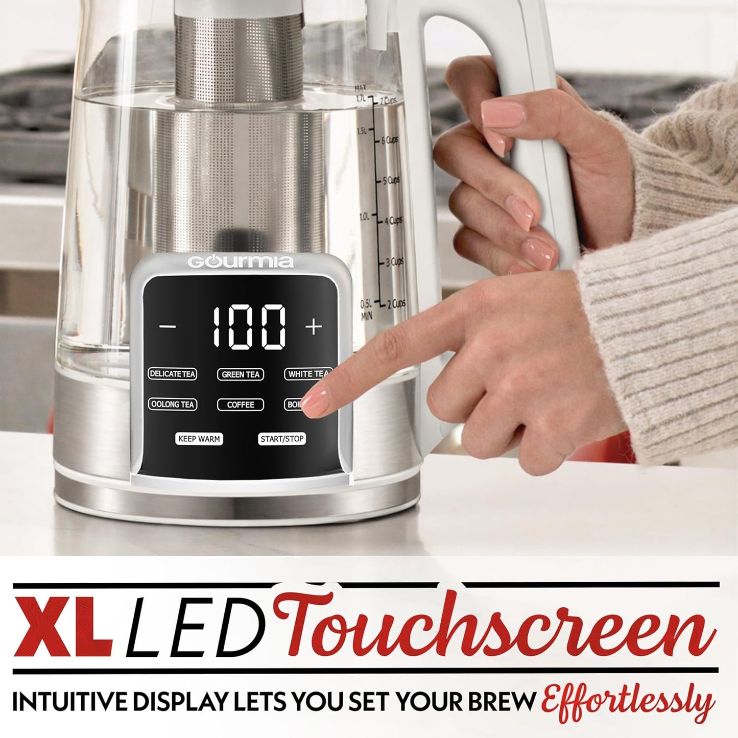 Gourmia Electric Glass Kettle – 1.7L Programmable Tea & Coffee Brewer with Digital Touch Display, 6 Presets, Removable Stainless Steel Infuser, Cordless with 360° Swivel Base, Black
