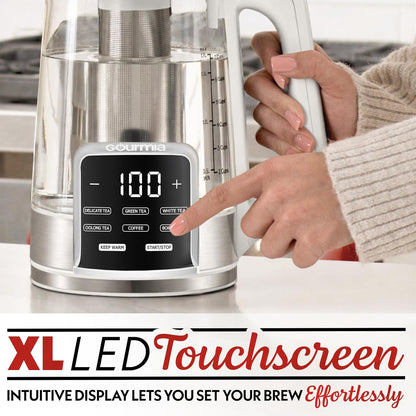 Gourmia Electric Glass Kettle – 1.7L Programmable Tea & Coffee Brewer with Digital Touch Display, 6 Presets, Removable Stainless Steel Infuser, Cordless with 360° Swivel Base, Black