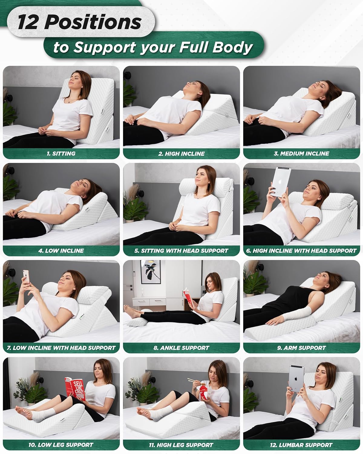 Lunix LX6 FSA 3-Piece Compact Support for Reading, Rest & Leg Elevation, Premium Odor-Free Orthopedic Bed Wedge Pillow Set, Memory Foam, Washable Cover, Pebble White