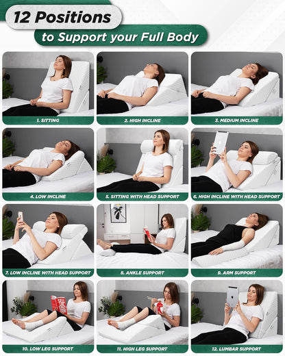 Lunix LX6 FSA 3-Piece Compact Support for Reading, Rest & Leg Elevation, Premium Odor-Free Orthopedic Bed Wedge Pillow Set, Memory Foam, Washable Cover, Pebble White