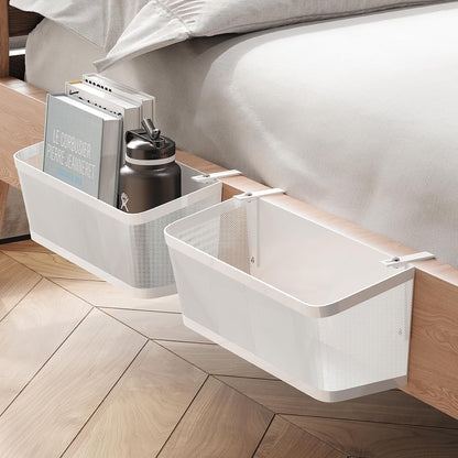 2 Pack Bedside Caddy Organizer, White Metal Hanging Storage Baskets for Bed Rail and Headboard, Bunk Bed Shelves, College Dorm Room Essentials, Holds Phones, Books, Tablets and Bottles (Extra Large)