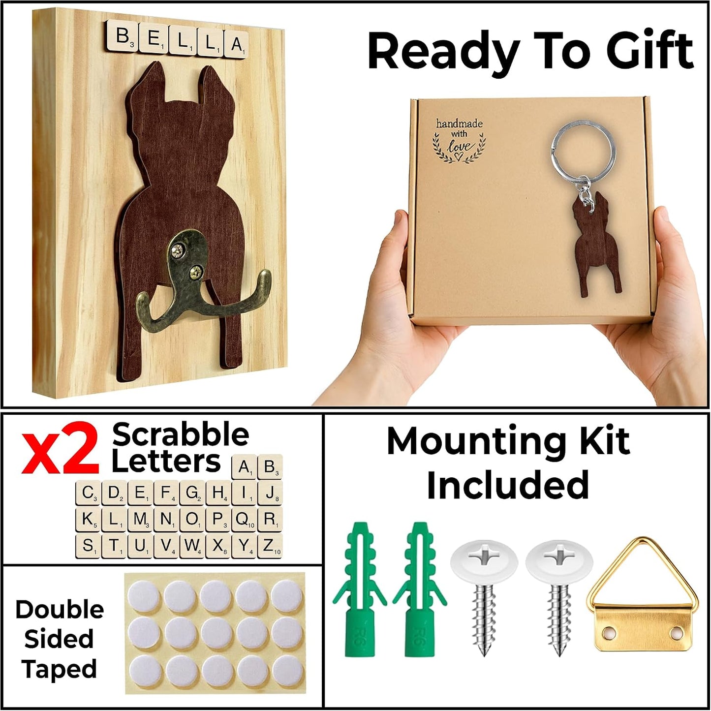 Dog Leash Holder Wall Mount, Pet Harness Hanger with Scrabble Letters, Dog Collar Organizer for Entryway, Memorial Cat Leash Holder for Wall, Pet Loss Gifts, Keepsake, Home Decor PF212-NAT