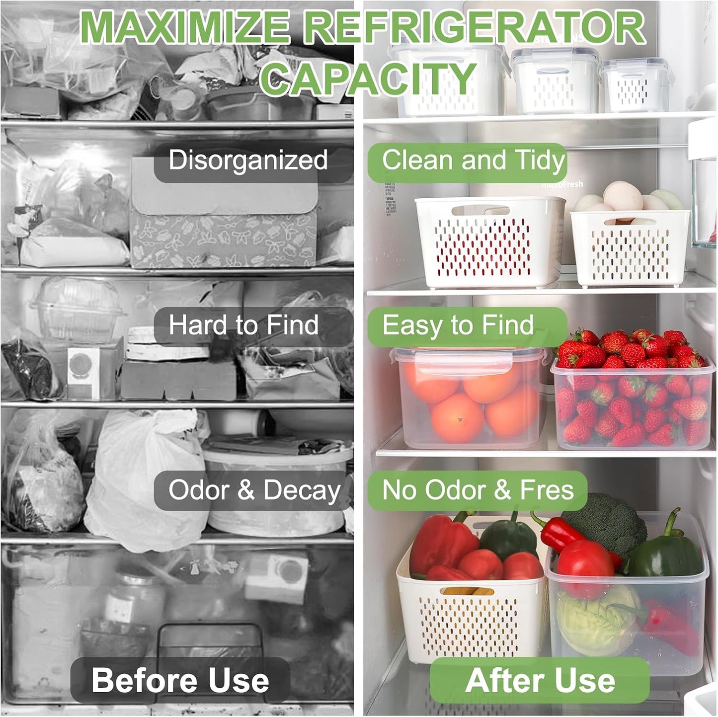 CAPHONT 12 Pack Fruit Storage Containers for Fridge with Removable Colander | 2-in-1 Organic Fruit Storage, 6 Size Clear Vegetable Storage Containers Set Keep Fruits, Vegetables, Meat Fresh Longer ﻿