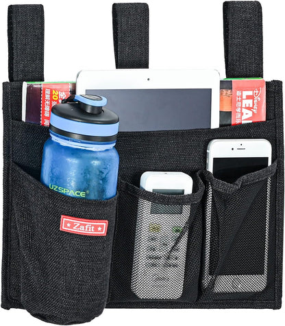 Zafit Linen Bedside Caddy, Bedside Storage Organizer for Hospital Beds, College Dorm Rooms or Baby Bed (4 Pockets-Black)