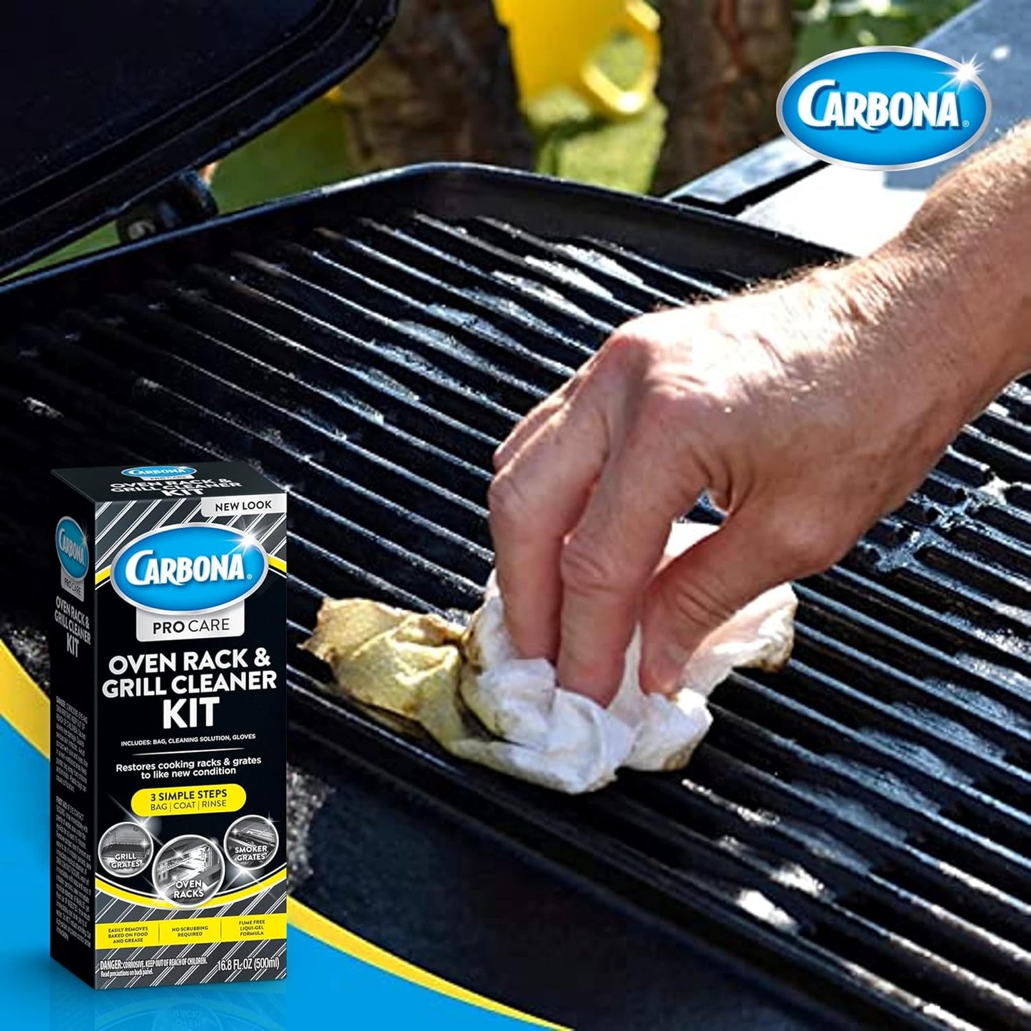 Carbona Oven Rack & Grill Cleaner Kit, Includes Bag & Gloves, Eliminates Thick Grease, Grime & Baked-On Food, Unscented Formula, No Scrubbing Required