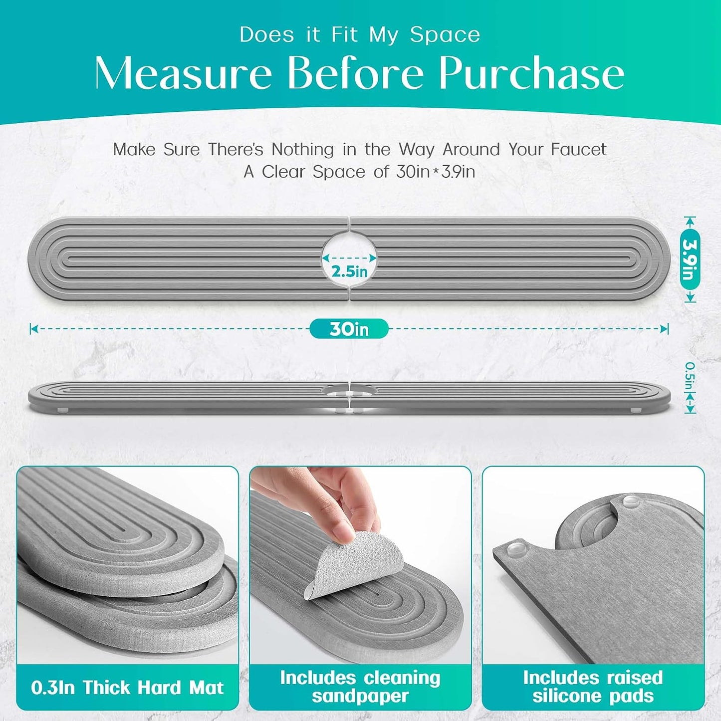 Stone Faucet Mat for Kitchen Sink – Diatomite Fast-Drying Stone Tray, Faucet Mat Sink Splash Guard, Decorative Sink Protector for Kitchen Bathroom Counter (Light Grey, 20''x3.9'')