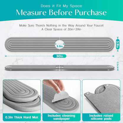 Stone Faucet Mat for Kitchen Sink – Diatomite Fast-Drying Stone Tray, Faucet Mat Sink Splash Guard, Decorative Sink Protector for Kitchen Bathroom Counter (Light Grey, 20''x3.9'')