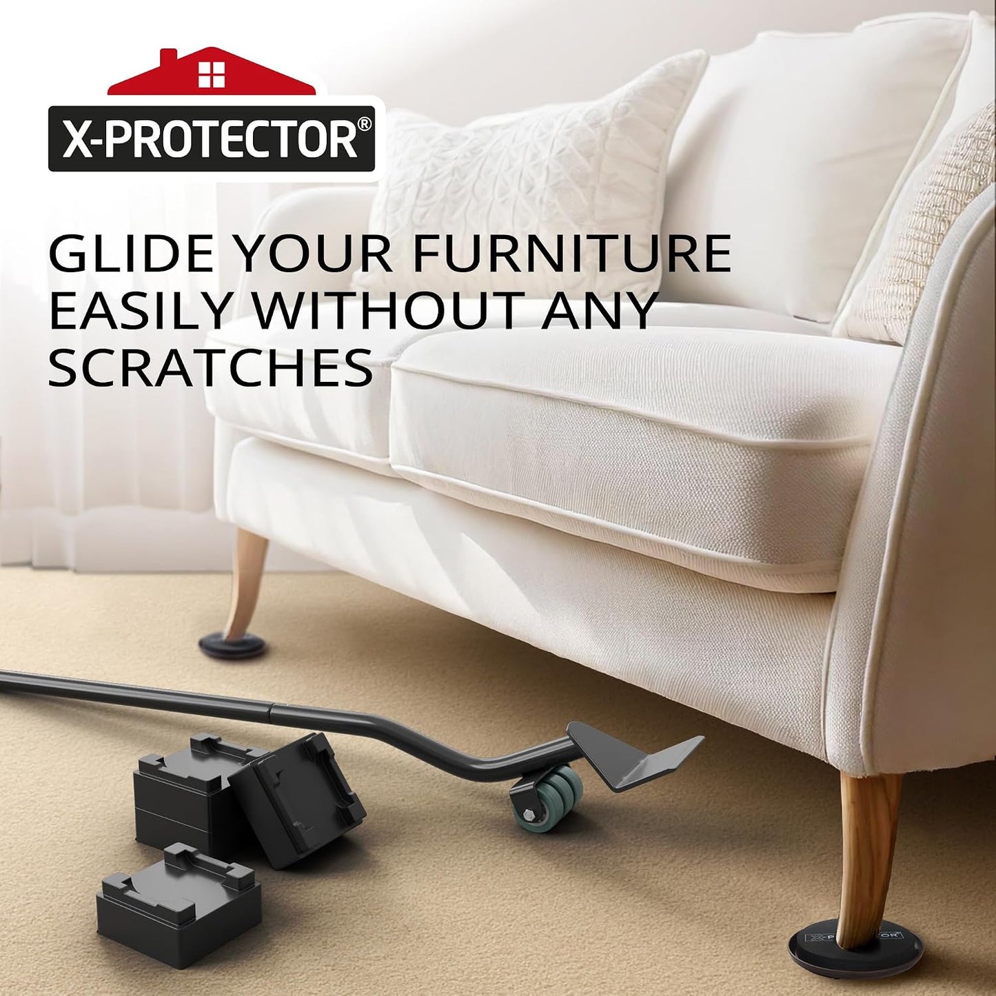 X-Protector Furniture Sliders for Carpet & Furniture Lifter Tool Set | 4 PCS 3 1/2" Sliders for Furniture with Foldable Furniture Jack. Move Your Furniture Easily with Furniture Movers for Carpets