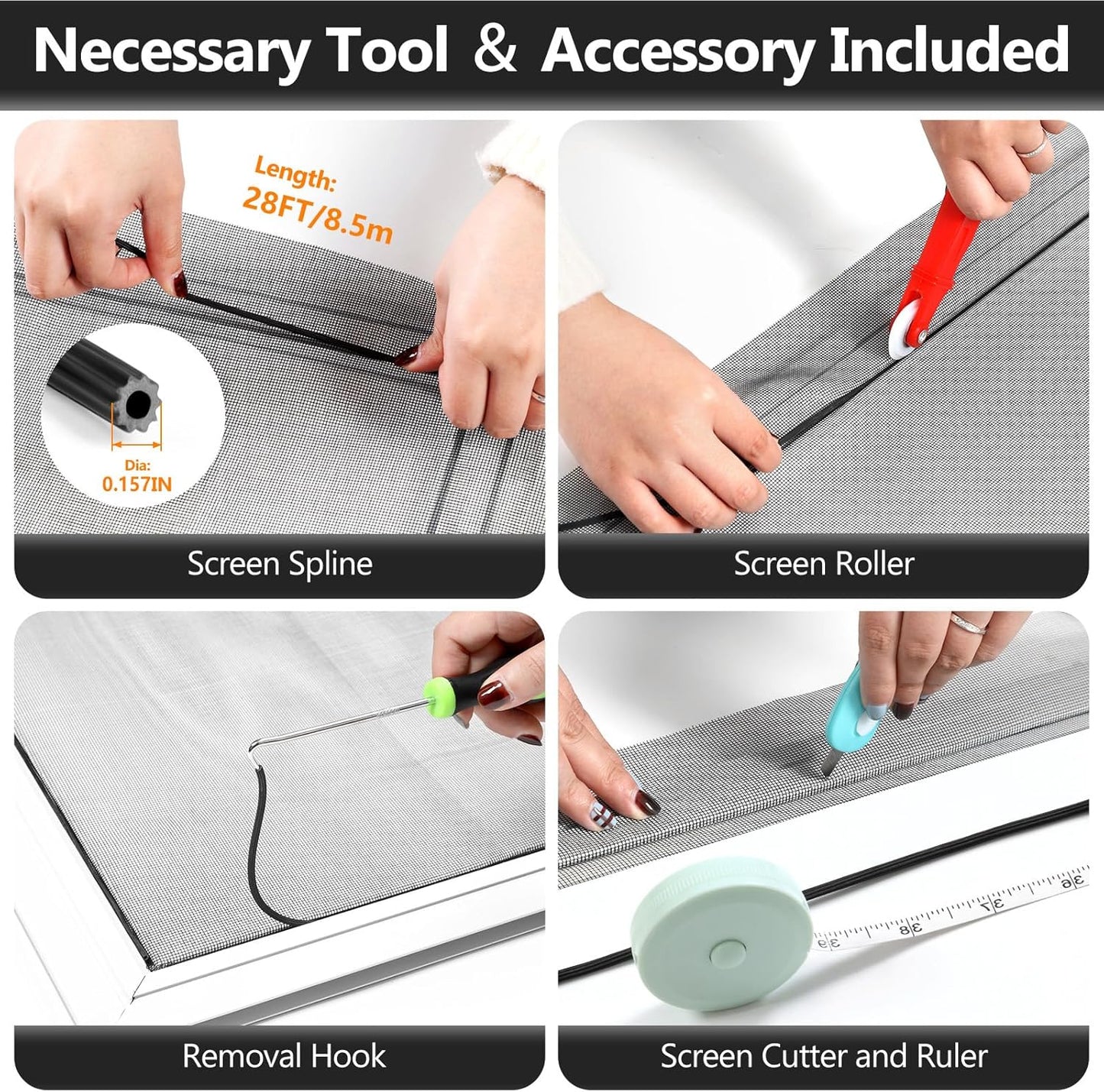 Secopad Window Screen and Screen Door Mesh Repair Kit, Black, 48in x 177in | Replacement Tools Kit, Easy to Install, Extra Large, Durable Fiberglass, Pet and Kid Friendly, For Window Door Patio & Porch