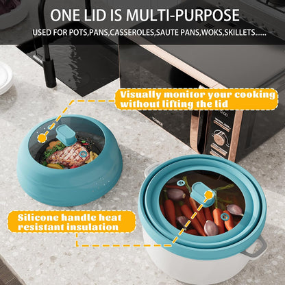 Microwave Splatter Cover, Vented Silicone and Glass Cover Splatter Guard Lid, Food Collapsible Plate Cover Lid with Easy Grip Handle. (Green, 9 inch)