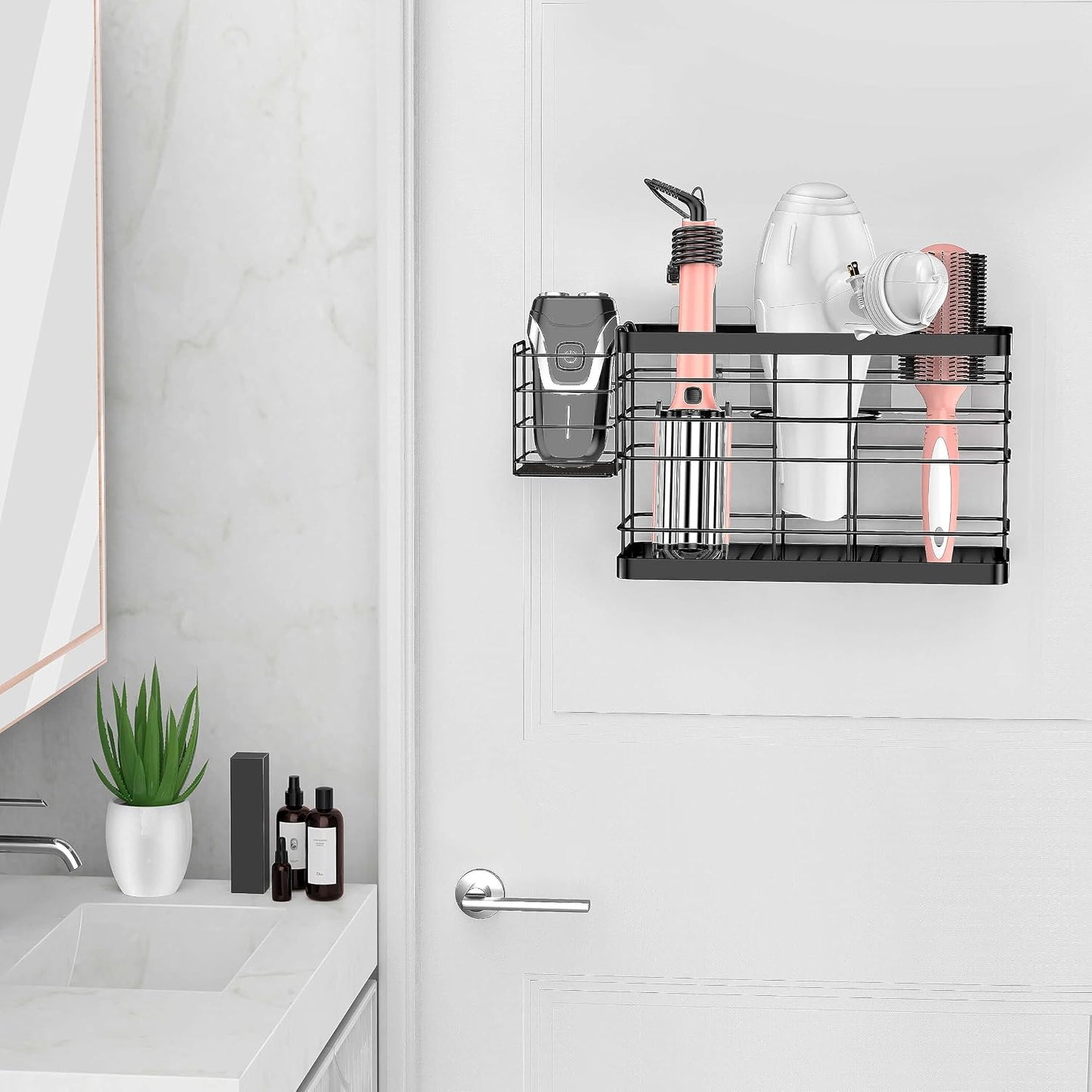 Hair dryer holder cabinet door - Hair tool organizer wall mount | Cabinet Door Bathroom Organizer Hair Care & Styling Tools Storage Basket for Hair Dryer, Curling Irons, Hair Straighteners
