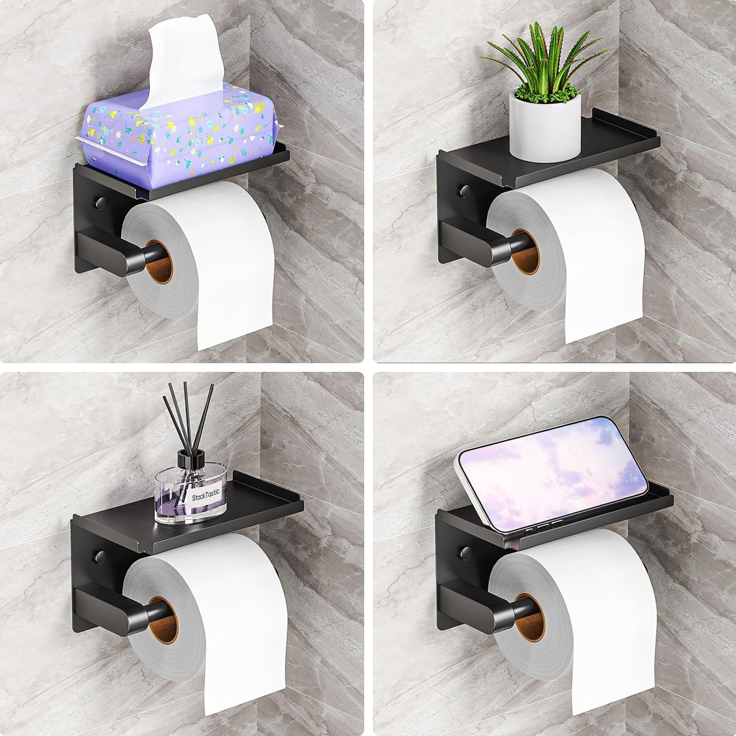 Toilet Paper Holder with Phone Storage Shelf, Matte Black | Wall Mount for Bathroom, No Drill Adhesive or Screw Mount, Rustproof Metal, Fits Mega Rolls