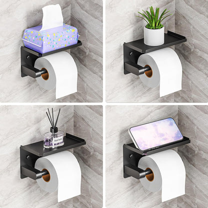 Toilet Paper Holder with Phone Storage Shelf, Matte Black | Wall Mount for Bathroom, No Drill Adhesive or Screw Mount, Rustproof Metal, Fits Mega Rolls