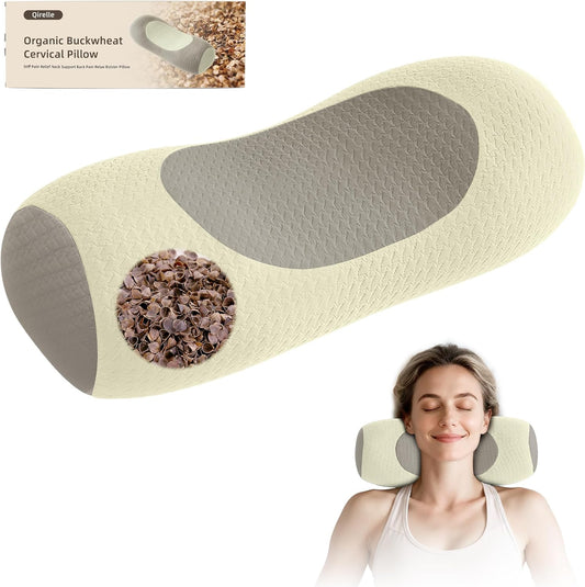 Organic Buckwheat Cervical Neck Pillow, Adjustable Neck Roll for Sleeping, Ergonomic Neck Support Bolster for Side & Back Sleepers, Firm Support Pillow for Neck Pain Relief & Spine Alignment