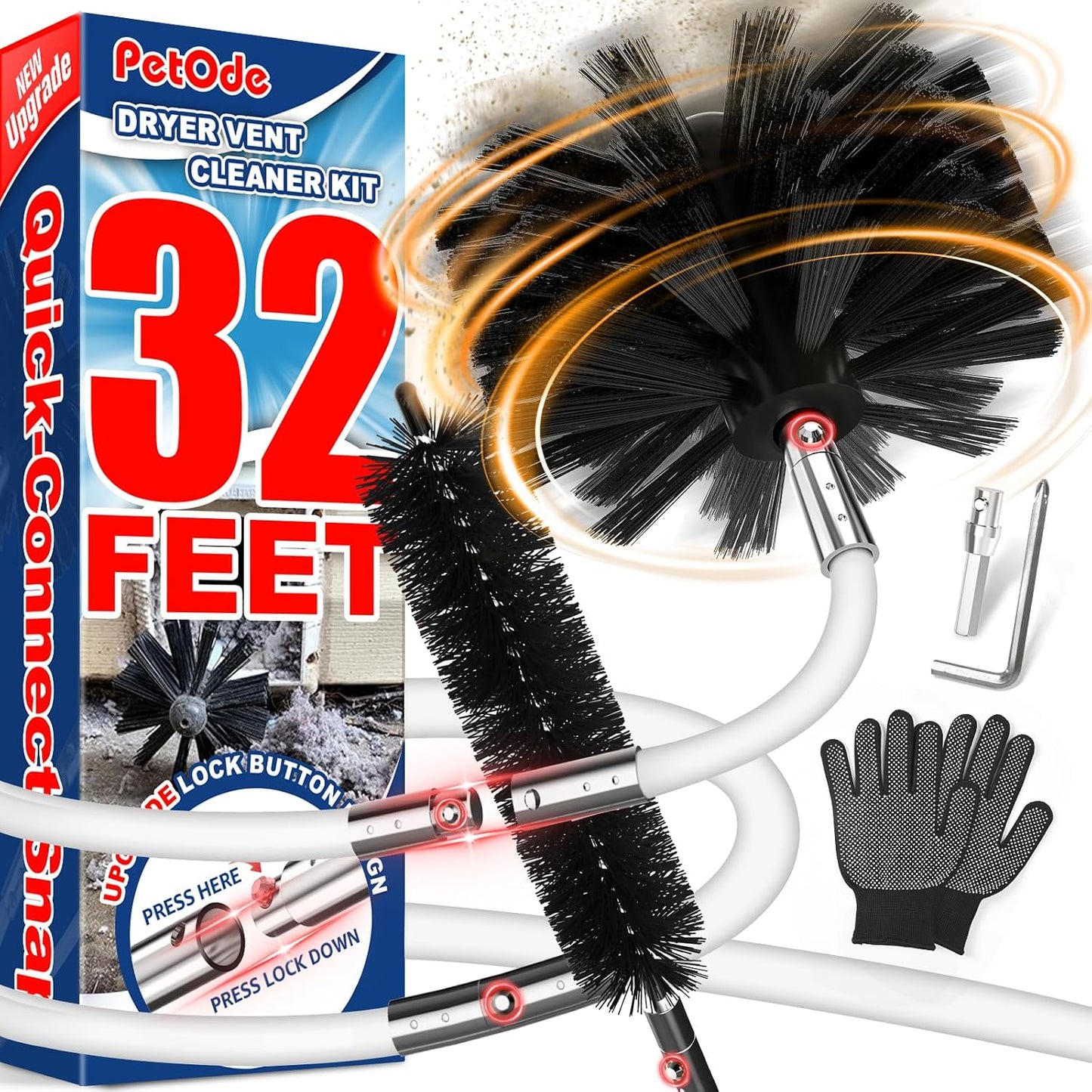 PetOde 32 Feet Dryer Vent Cleaner Kit, Flexible Lint Remover | Upgraded Quick-Snap Brush with Drill Attachment for Easy to Use, Deep Clean, Lint Removal, Easy DIY Assembly, Home Essential