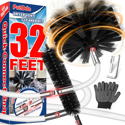PetOde 32 Feet Dryer Vent Cleaner Kit, Flexible Lint Remover | Upgraded Quick-Snap Brush with Drill Attachment for Easy to Use, Deep Clean, Lint Removal, Easy DIY Assembly, Home Essential