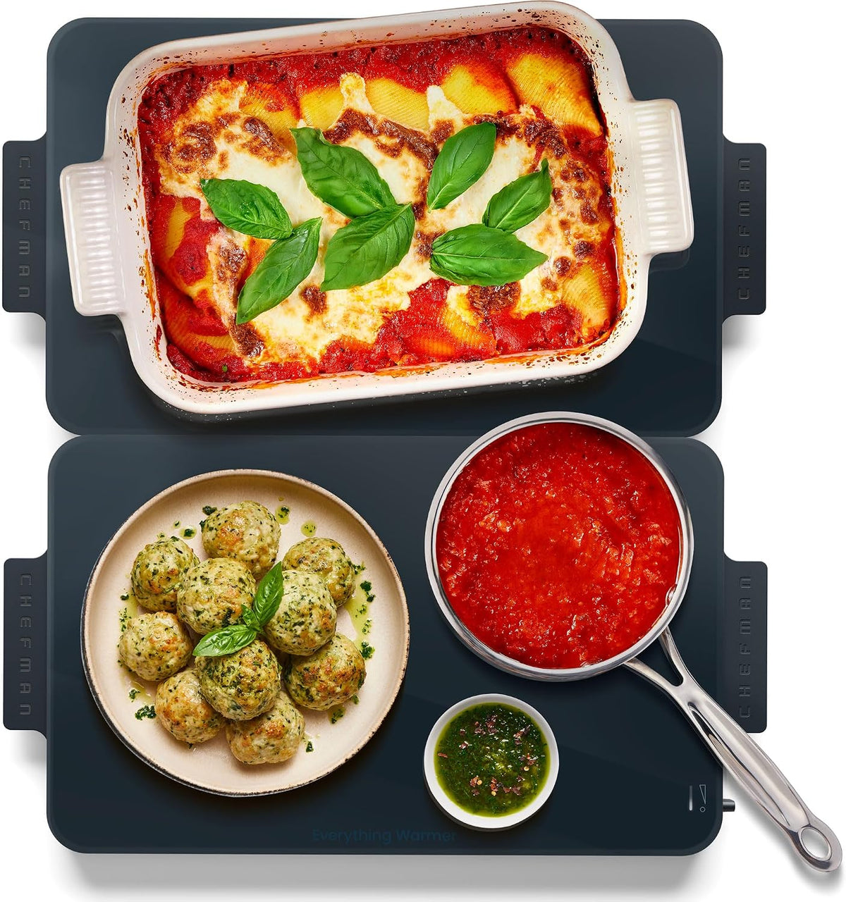 Chefman Everything Warmer Electric Warming Tray, 20” x 16” Modular Expanding Design, Graphene Full-Surface Heating, Food Warming Mat for Parties, Gatherings & Daily Use, Two Tempered Glass Panels