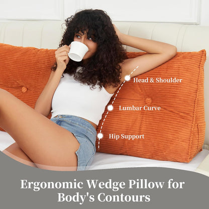 Headboard Wedge Pillows for Sitting Up in Bed Rest Adult，Triangular Upholstered Stuffed Reading Pillow for Sofa Couch Back Cushions Lumbar Body Support Dorm Bedroom（King，Corduroy Gray）
