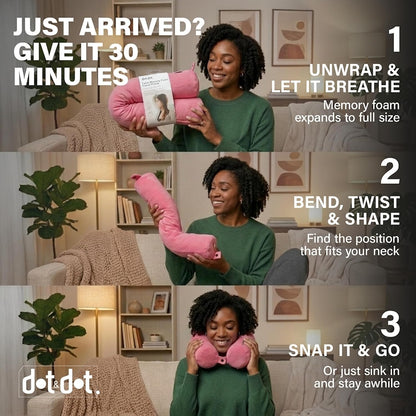 Dot&Dot Twist Memory Foam Travel Pillow, Bendable Neck Pillow for Airplane, Car and Home, 26-Inch Adjustable Roll with Washable Cotton Cover, Gray