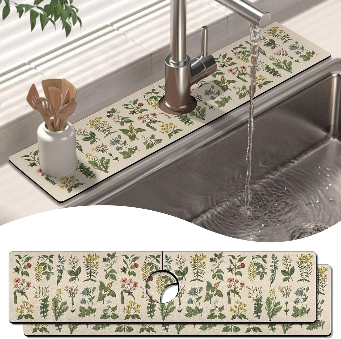Kitchen Sink Splash Guard Faucet Mat 24" X 5.5" Tropical Leavesl Absorbent Fast Drying Mat Faucet Draining Mat Sink Splash Guard Behind Faucet Drip Catcher for Kitchen Bathroom