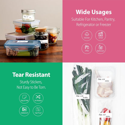 1000 Removable Food Labels, Water/Oil/Tear Resistant Blank Stickers with Perforation Line for Food Containers, Freezer, Fridge, Jars, Pantry, Organization (1” x 2”)