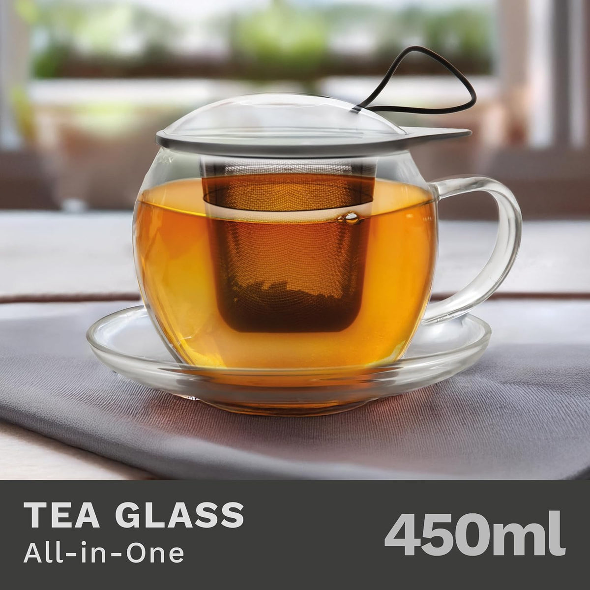 Creano Tea Glass with Infuser and Lid 400ml - Large Tea Cup - Microwave & Dishwasher Safe - Loose Leaf Tea Maker Gift Set