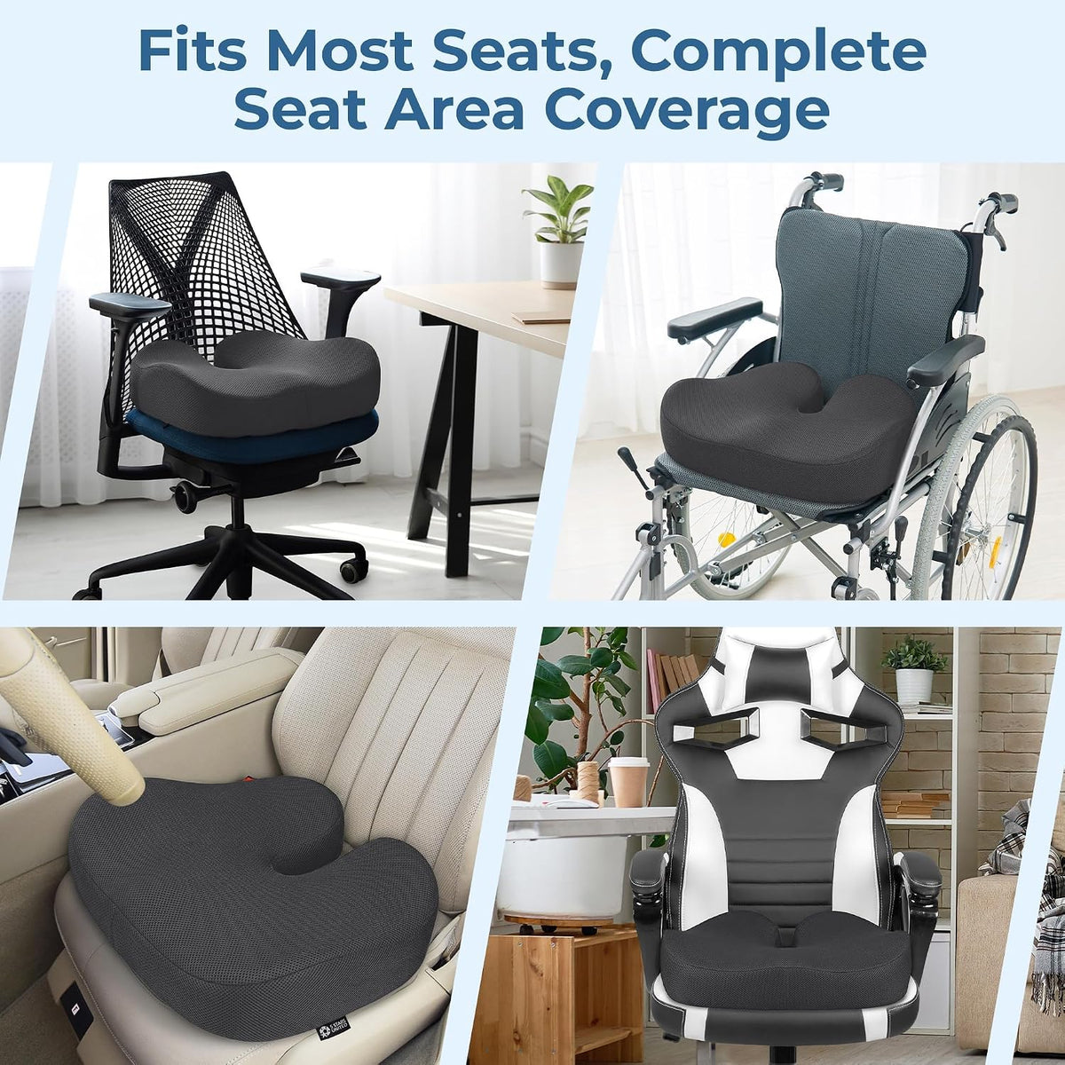 5 STARS UNITED Seat Cushion - Memory Foam Chair Cushion for Tailbone Pain Relief - Ergonomic Support for Coccyx, Sciatica & Butt - Office, Desk & Gaming Chair, Car Seat, Wheelchair, Airplane, Black