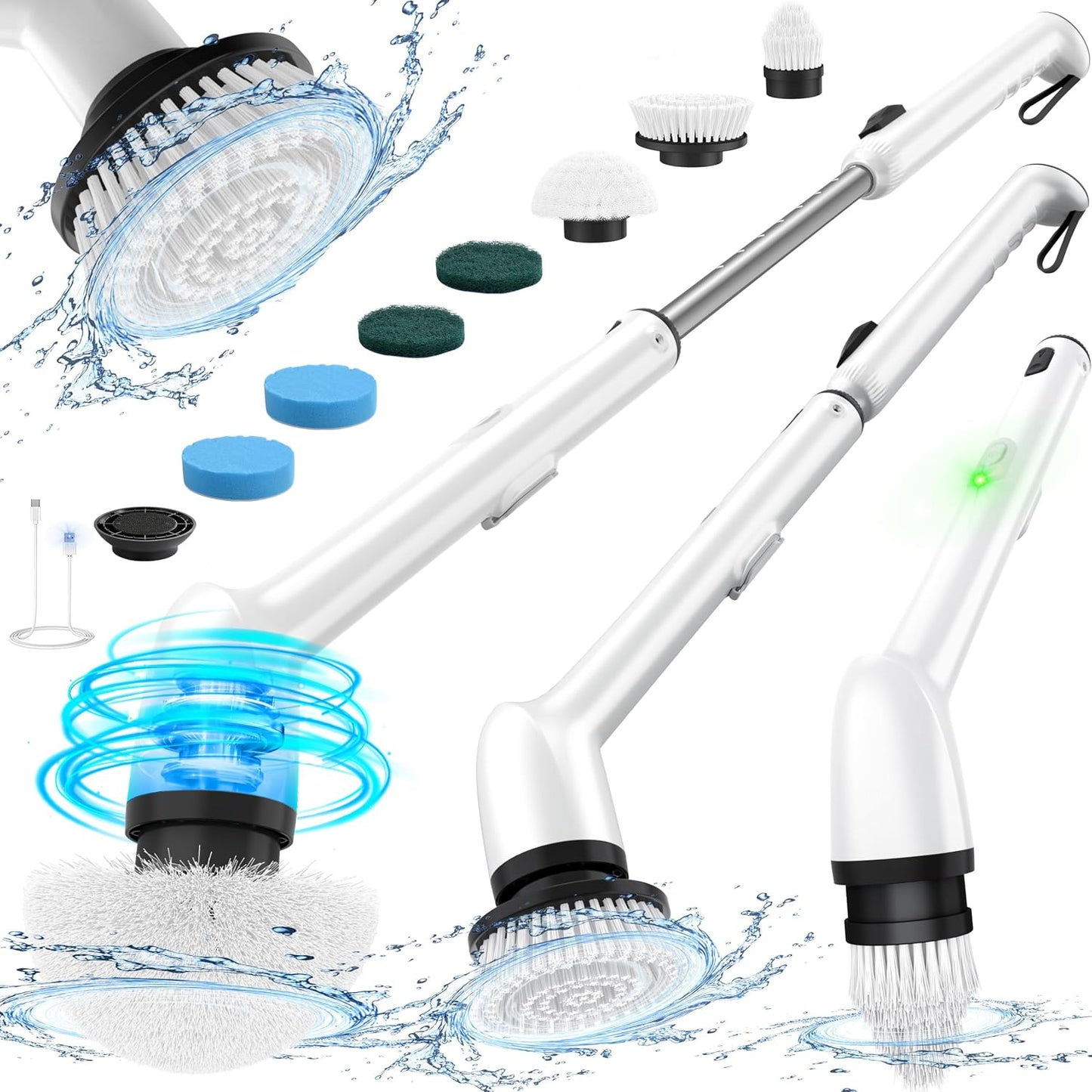 Electric Cleaning Brush, New Full-Body IPX7 Waterproof & 42inch Long Handle | Bathroom Cleaner Brush, Shower Scrubber, 3 Handle Lengths & 7 Heads Replacement, Cleaning Supplies for Tub Shower Tile Floor