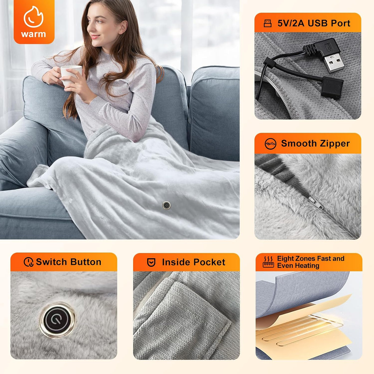 USB Electric Heated Shawl,Portable Cordless Heated Throw Blanket,3 Heat Settings,Heated Shawl Poncho Wrap Blanket with Zipper,for Outdoor,Car,Travel,Camping,Machine Washable(Battery Not Included)