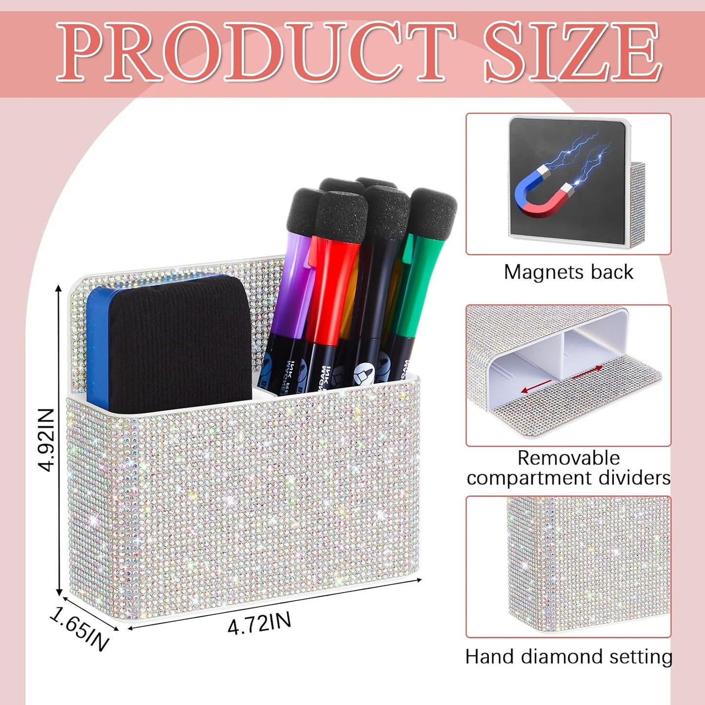 MotiMind Purple Locker Accessories for Girls, Bling Magnetic Pen Holder for Refrigerator, Back to School Rhinestone Marker Holder for Locker, Sparkly Gift for Student (Medium,Rhinestone)