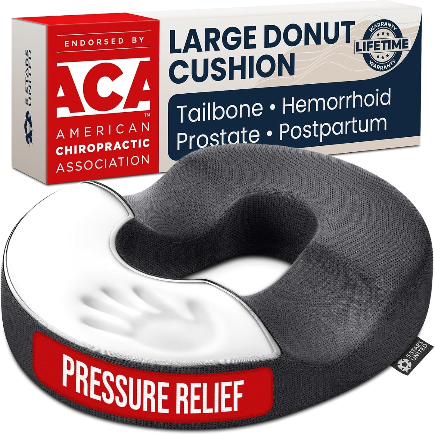 5 STARS UNITED Donut Pillow for Tailbone Pain & Hemorrhoids – Large Memory Foam Seat Cushion for Bed Sore-Prone Areas & Pressure Relief – Prostate, Postpartum & Pregnancy Support, Black Mesh Cover