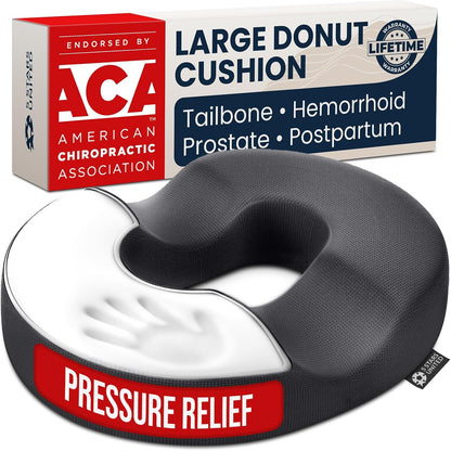 5 STARS UNITED Donut Pillow for Tailbone Pain & Hemorrhoids – Large Memory Foam Seat Cushion for Bed Sore-Prone Areas & Pressure Relief – Prostate, Postpartum & Pregnancy Support, Black Mesh Cover