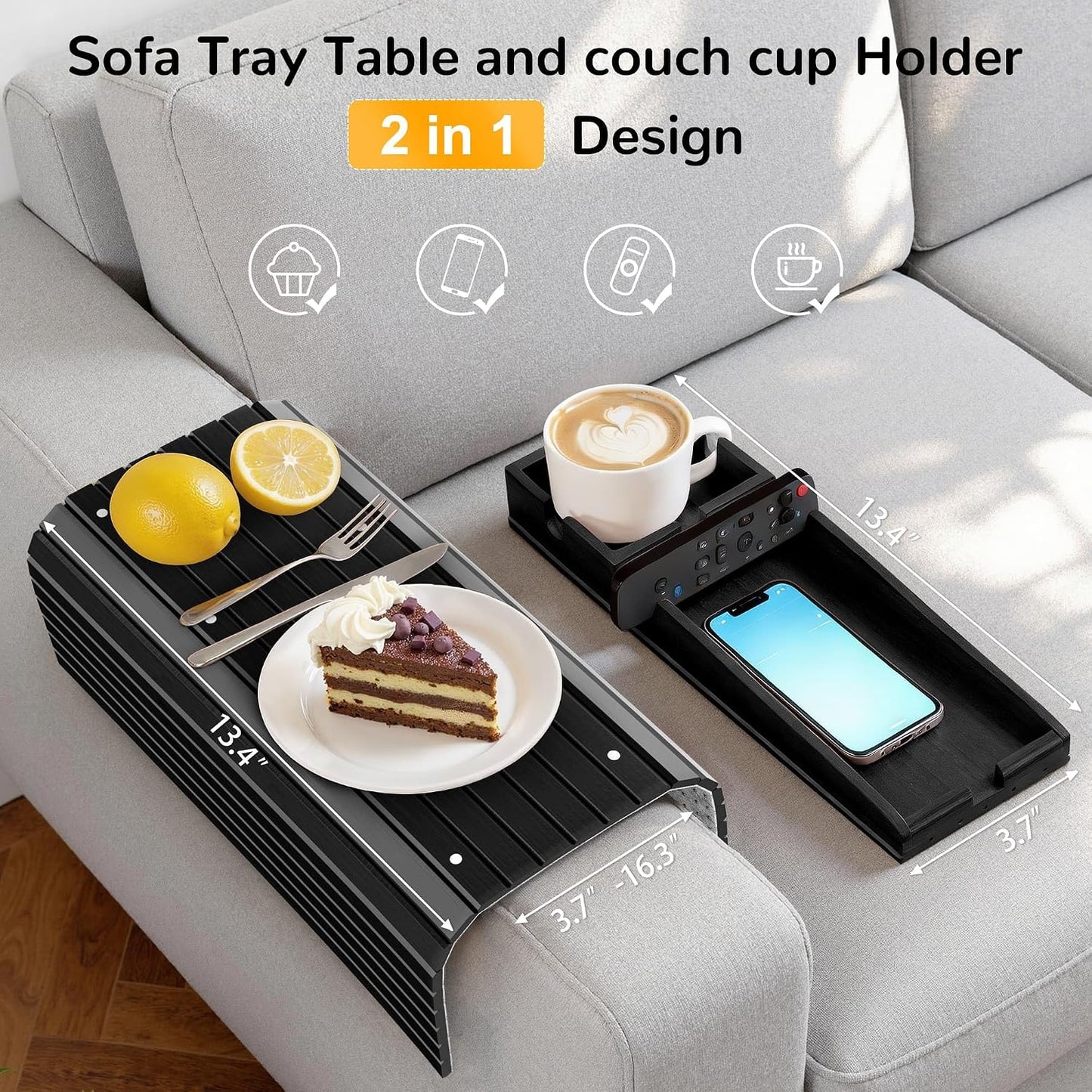 Korser Couch Armrest Table, Sofa Arm Tray with Removable Cup Holder, 2 in 1 Anti-Slip Armrest Tray Table for Couch, Bamboo Foldable Couch Cup Holder for Drinks Snacks Phone Remote Control